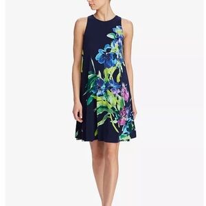 Lauren Ralph Lauren sleeveless trapeze dress navy blue floral print Size 2